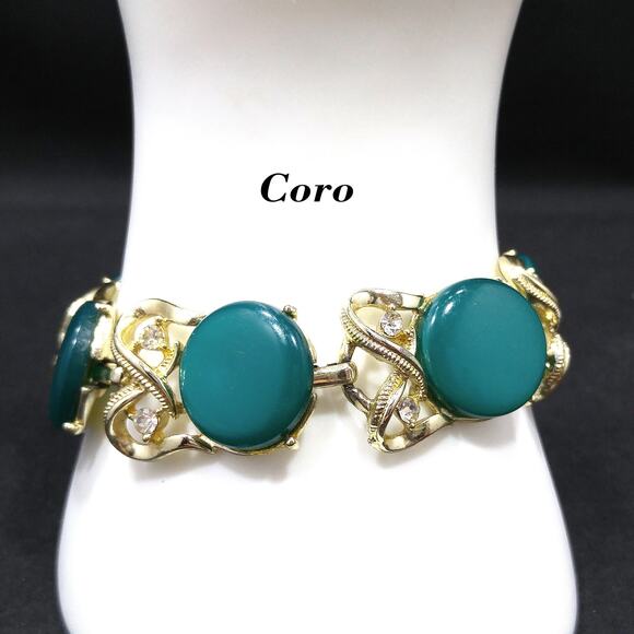 Coro Green Moonglow Lucite Disk Bracelet, Clear Rhinestones, 1950s Vintage - Picture 10 of 10